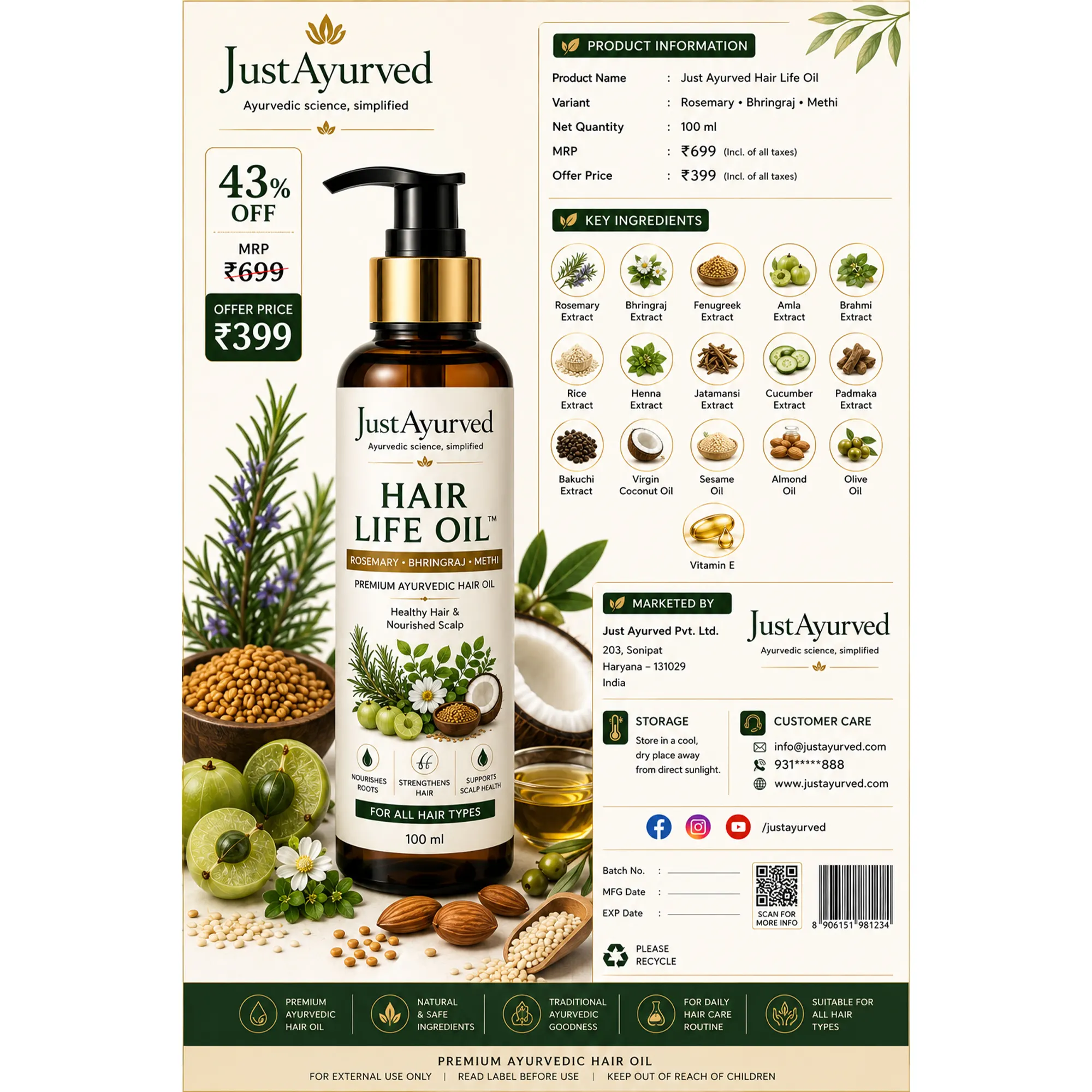 Hair Life Oil with Rosemary Bhringraj & Methi 