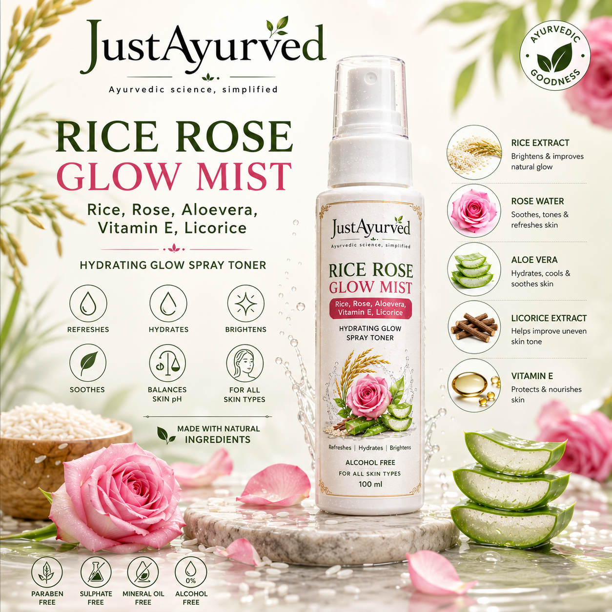JustAyurved Rice Rose Glow Mist