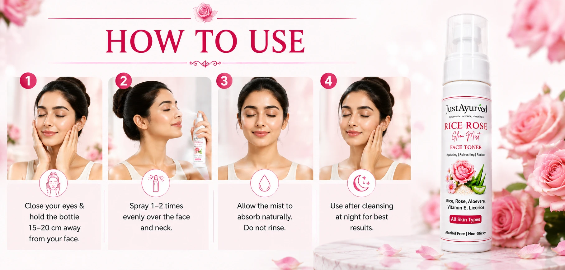 JustAyurved Rice Rose Glow Mist how to use